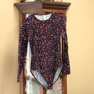 American Apparel Classic Bodysuit Scoop Neck Long Sleeve Stretch M fun print
